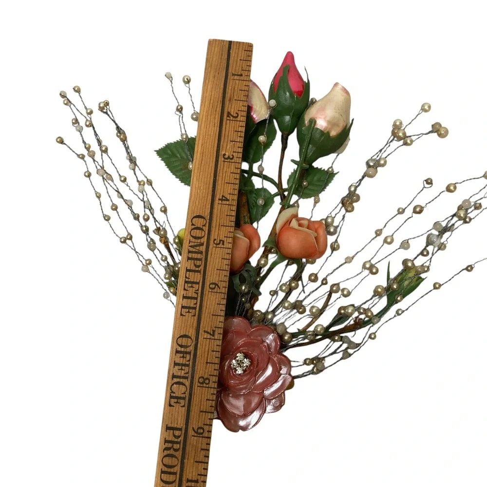 VTG Floral Arrangement Roses Pearl‎ Beads Decorative Bouquet Display Handcrafted